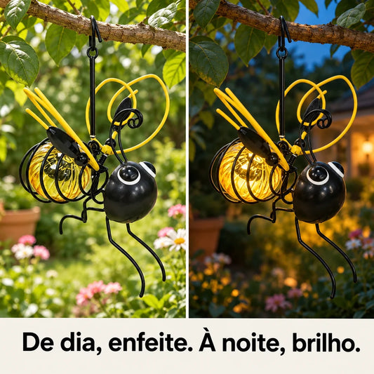 A mesma abelha solar amarela de dia, apagada, e à noite, com o globo âmbar aceso